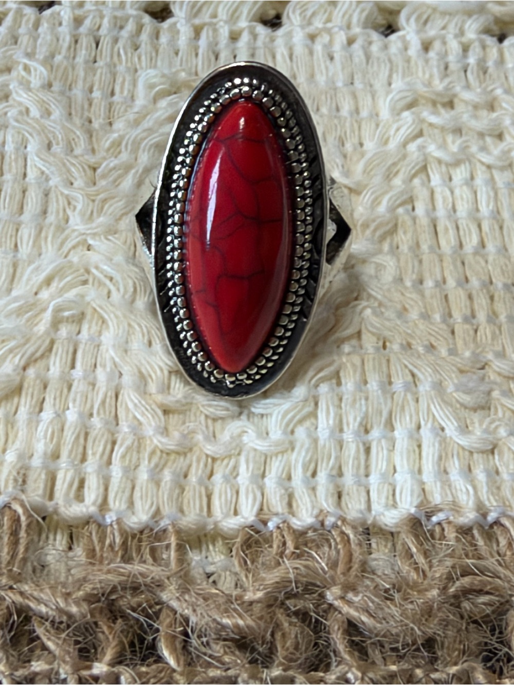 Sterling-Style Red Stone Oval Statement Ring